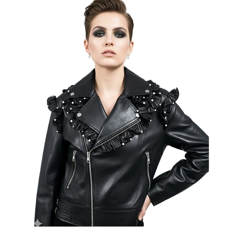 Gucci Lambskin Ruffle Pearl Moto Jacket Black NWT EU42 US8